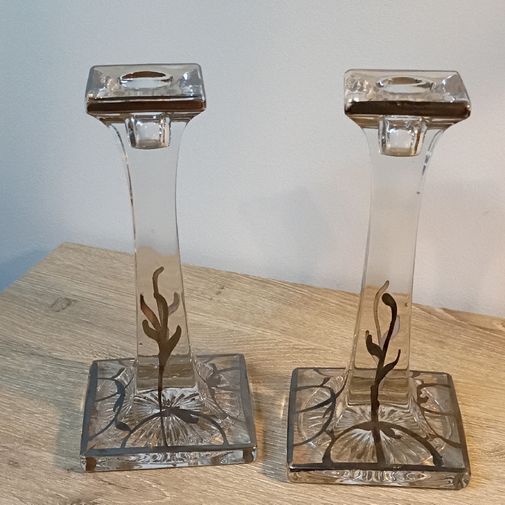 Vintage Golden Crown Crystal And Sterling Silver Overlay Candle Stick Holders